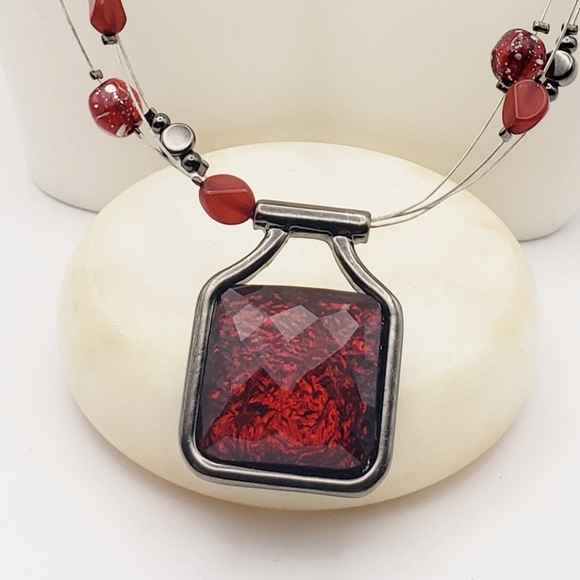 Ruby Red Gem Pendant with Ruby and Gunmetal Floating Beads Necklace - Picture 2 of 8
